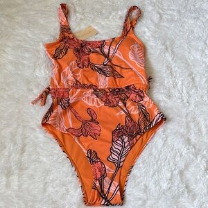 NWT Hutch Bright Orange Floral Print Mendes One Piece Swimsuit Size XS